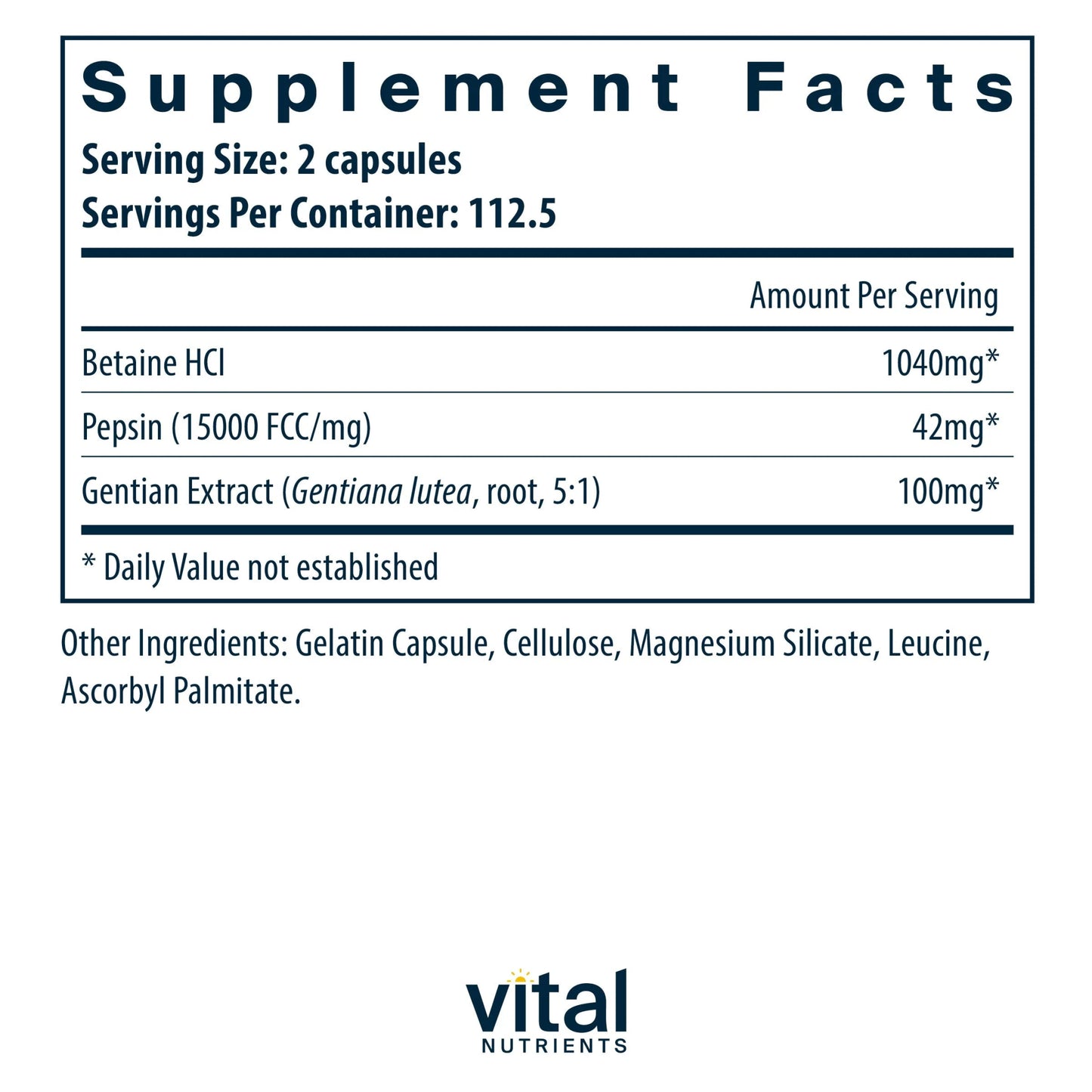 Betaine HCl Pepsin Gentian Root Extract(Vital Nutrition) - HAPIVERI