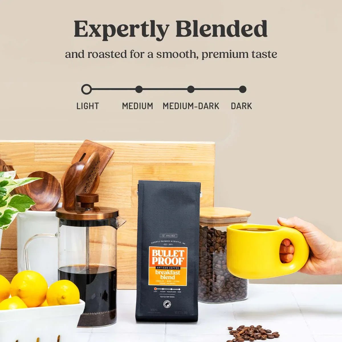 Bulletproof ブレックファストブレンド ライトロースト 340g WHOLE BEAN COFFEE BREAKFAST BLEND, LIGHT ROAST - HAPIVERI