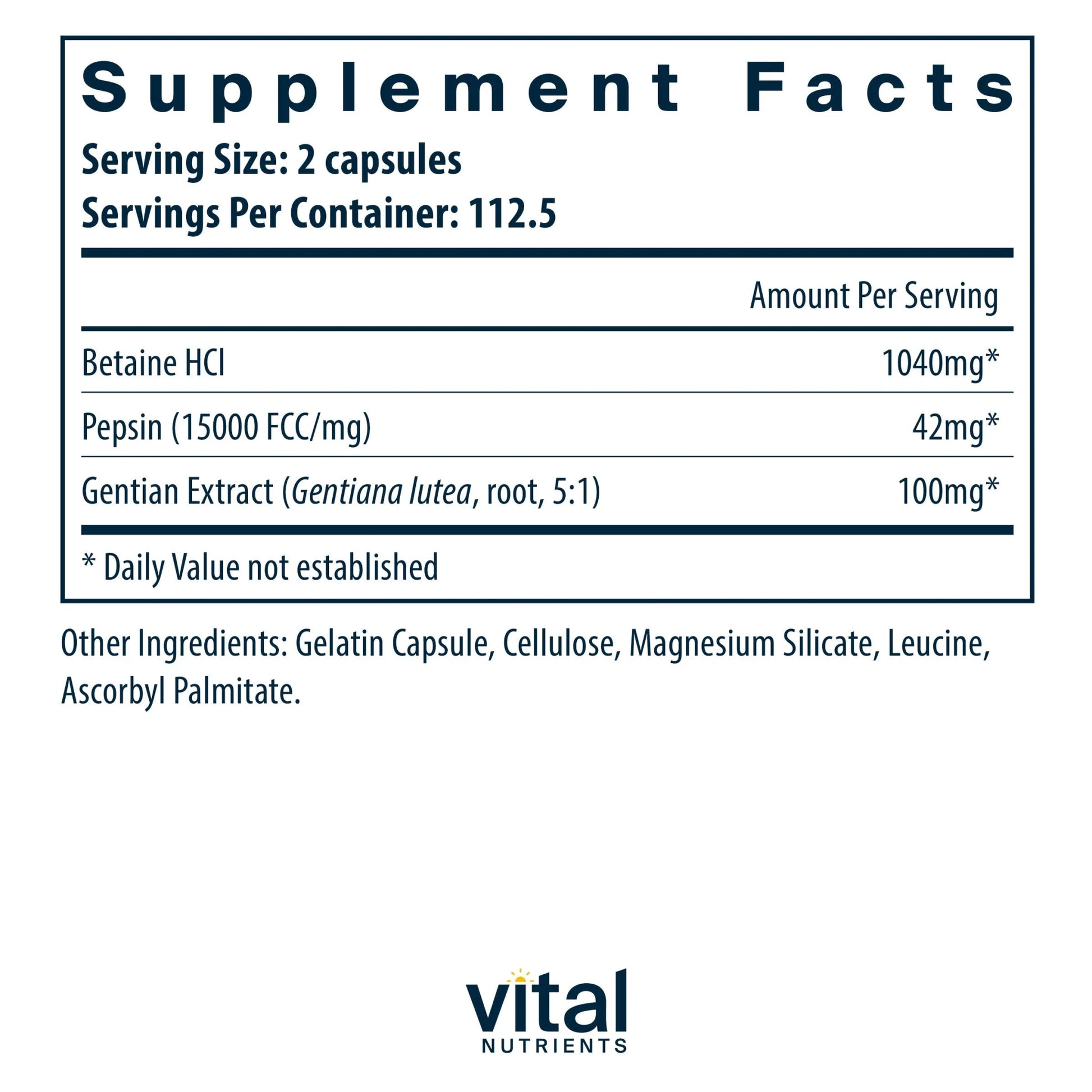 Betaine HCl Pepsin Gentian Root Extract(Vital Nutrition) - HAPIVERI